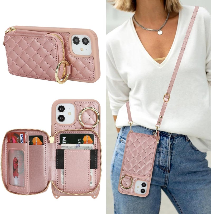 Hamany Crossbody Wallet Case for iPhone 12, PU Leather Zipper Handbag Purse Flip Cover, Kickstand Folio Case with Card Slots Holder Wrist Strap Lanyard 5G 6.1 Inch-Rose Gold - Image 1